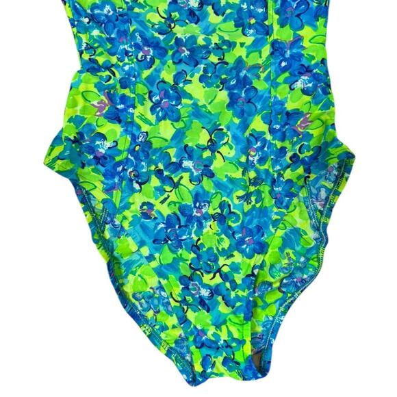 Vintage 90s Daffy Neon Floral Print One Piece Swimsuit 9/10 Green Blue High Cut - Picture 4 of 8
